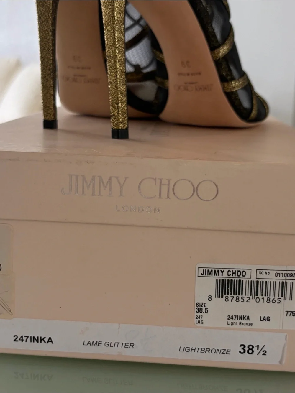 Jimmy Choo Gold Glitter Lace-Up Mesh Stiletto Sandals - Picture 3 of 8